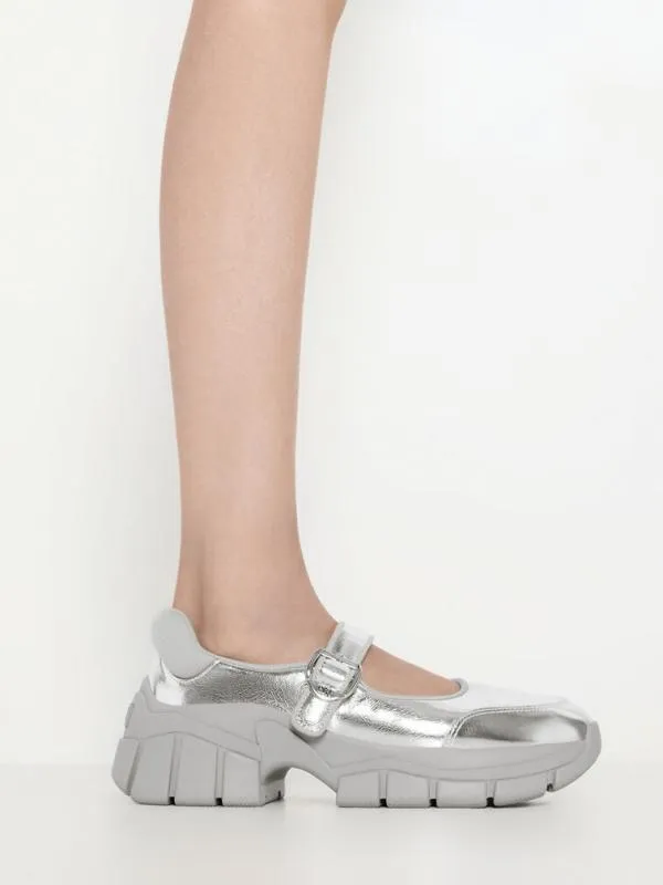 Women Yunna Metallic Leather and Recycled Fabric Mary Jane Sneakers 8211 Silver CHARLES and KEITH Sneakers