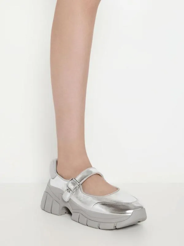 Women Yunna Metallic Leather and Recycled Fabric Mary Jane Sneakers 8211 Silver CHARLES and KEITH Sneakers