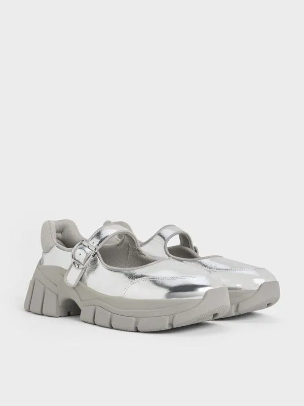 Women Yunna Metallic Leather and Recycled Fabric Mary Jane Sneakers 8211 Silver CHARLES and KEITH Sneakers