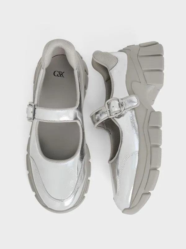 Women Yunna Metallic Leather and Recycled Fabric Mary Jane Sneakers 8211 Silver CHARLES and KEITH Sneakers