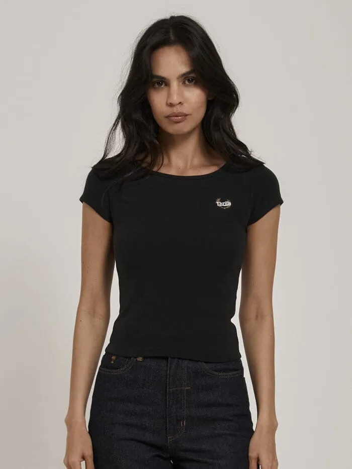 Womens Animal House Cap Sleeve Tee Washed Black Thrills Tops and Tees