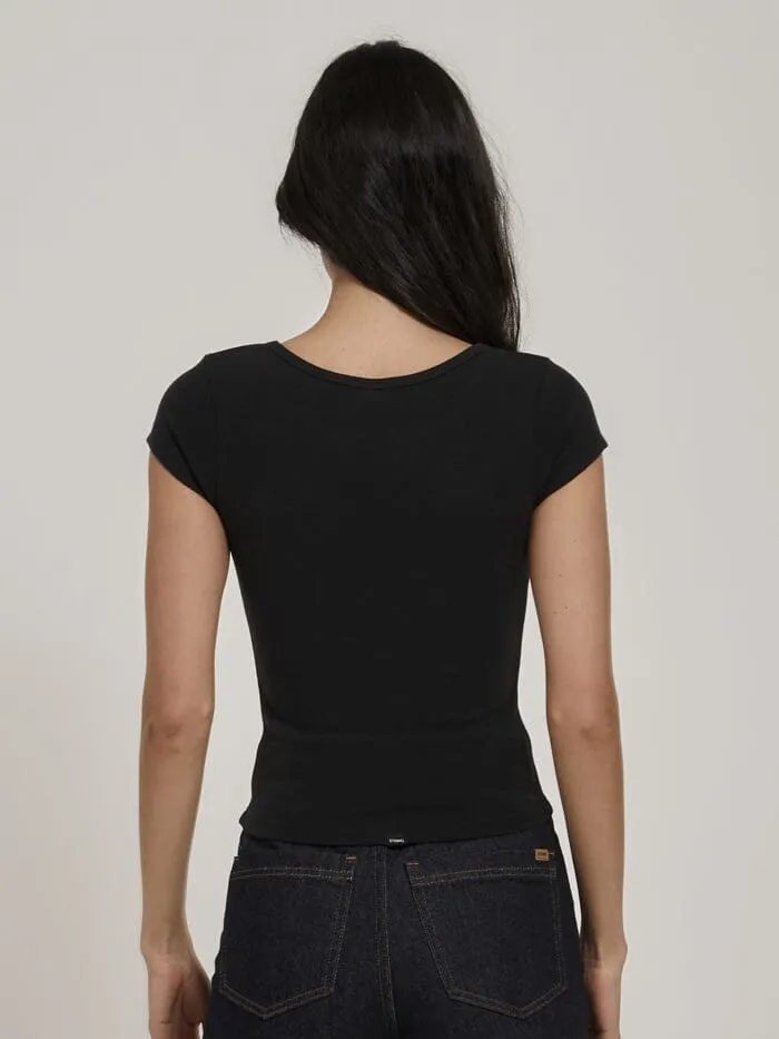 Womens Animal House Cap Sleeve Tee Washed Black Thrills Tops and Tees