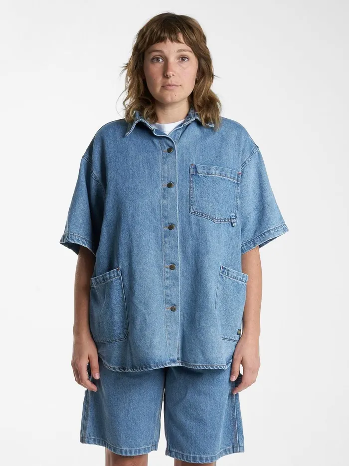 Womens Hard Yakka X Short Sleeve Overshirt Drill Blue Thrills Tops and Tees