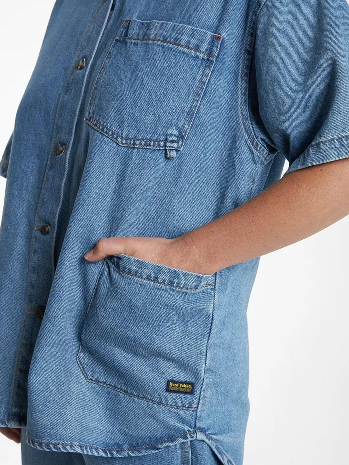 Womens Hard Yakka X Short Sleeve Overshirt Drill Blue Thrills Tops and Tees