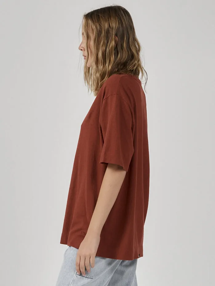 Womens Hemp Lightweight Box Fit Tee Burnt Henna Thrills Tops and Tees