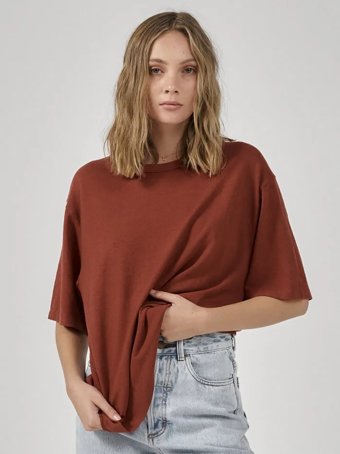 Womens Hemp Lightweight Box Fit Tee Burnt Henna Thrills Tops and Tees