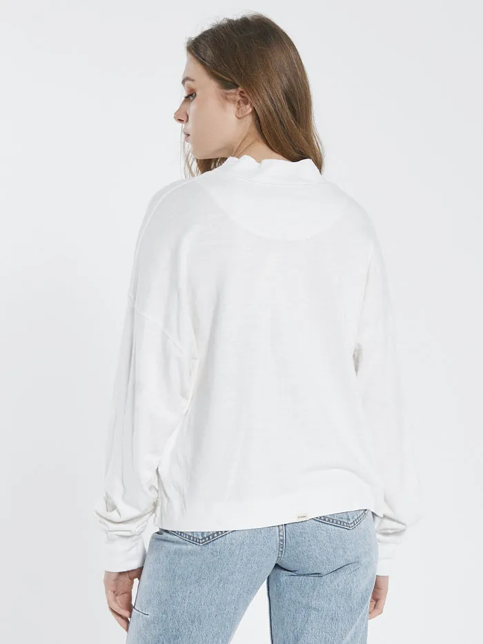 Womens Hemp Mock Neck Long Sleeve Tee Dirty White Thrills Tops and Tees