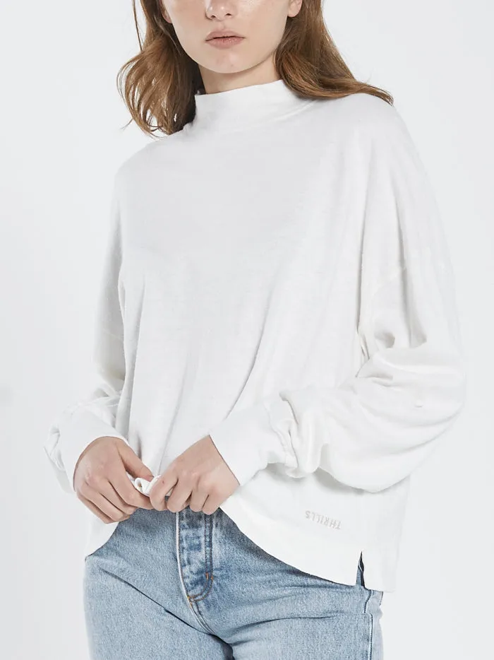Womens Hemp Mock Neck Long Sleeve Tee Dirty White Thrills Tops and Tees