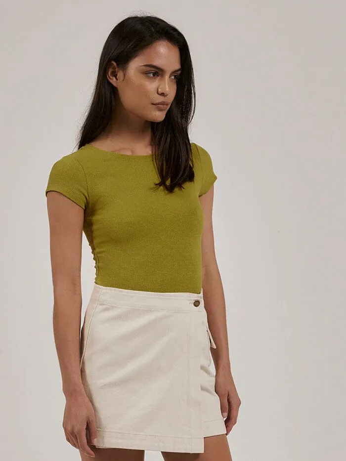 Womens Hemp Rib Cap Sleeve Tee Antique Moss Thrills Tops and Tees