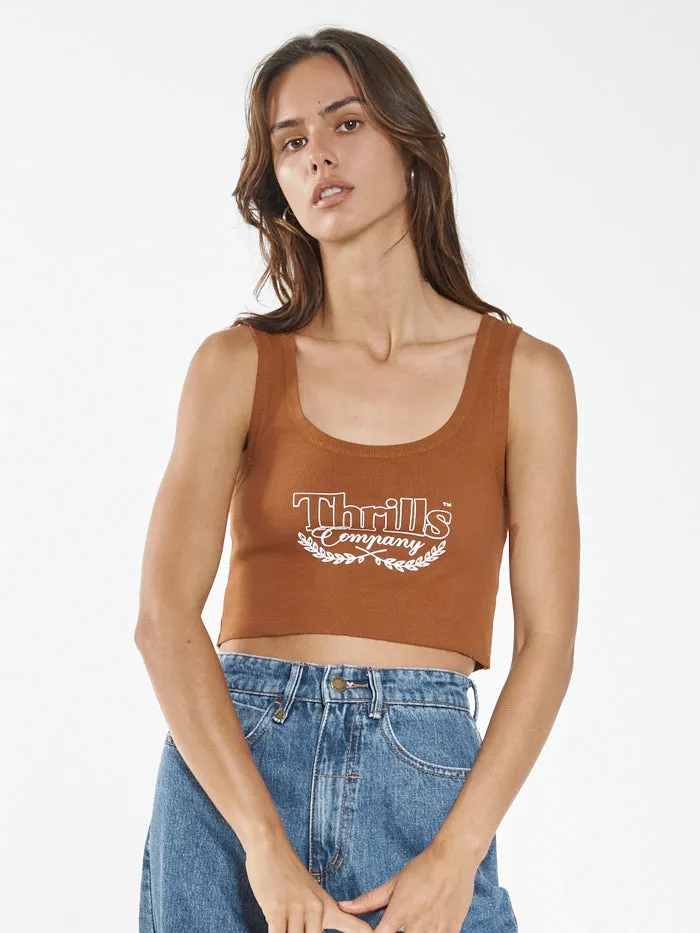 Womens Speed Needs Crop Rib Singlet Caramel Thrills Tops and Tees