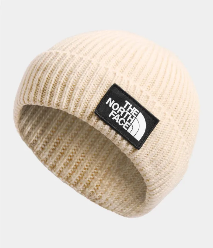 Womens TNF Logo Box Cuffed Beanie Bleached Sand The North Face Beanies and Scarves