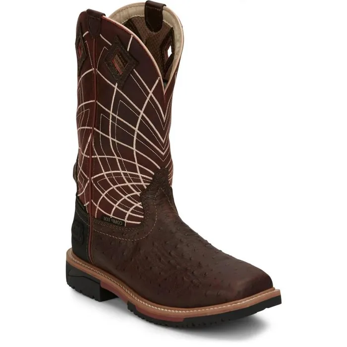 Work Men Justin Boots Derrickman 12034 Waterproof Composite Toe Work Boot Brown Ostrich Print 040brown041