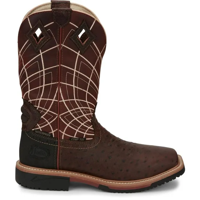 Work Men Justin Boots Derrickman 12034 Waterproof Composite Toe Work Boot Brown Ostrich Print 040brown041