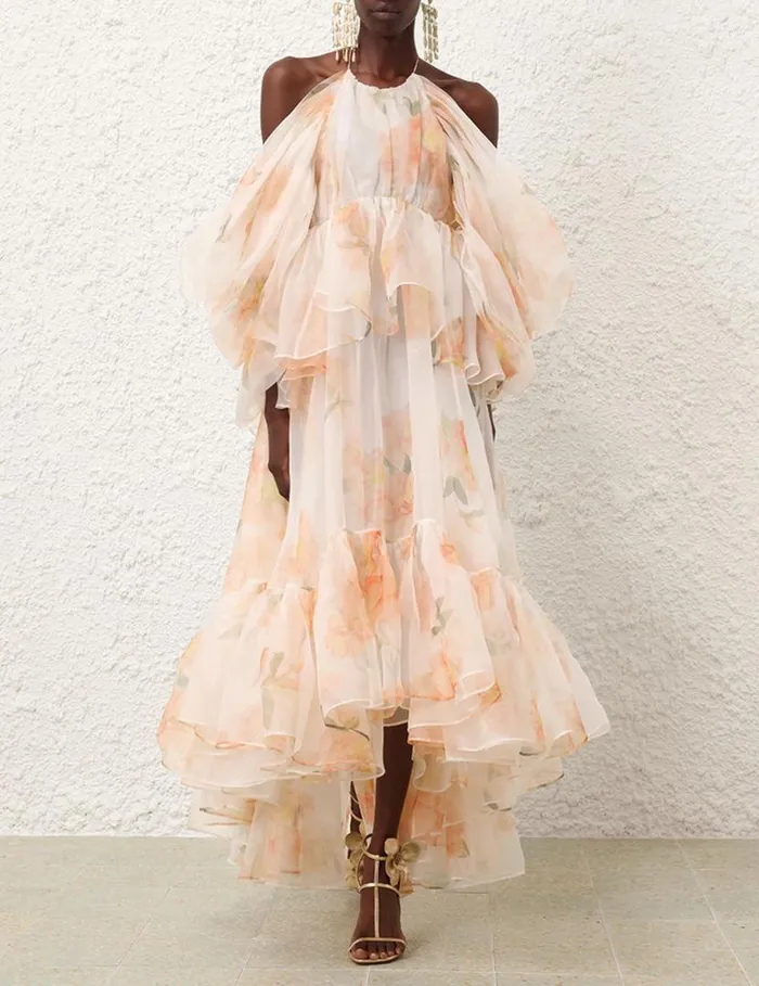 Zimmermann Clothing Natura Gathered Midi Dress Ivory Camellia 8211 Women