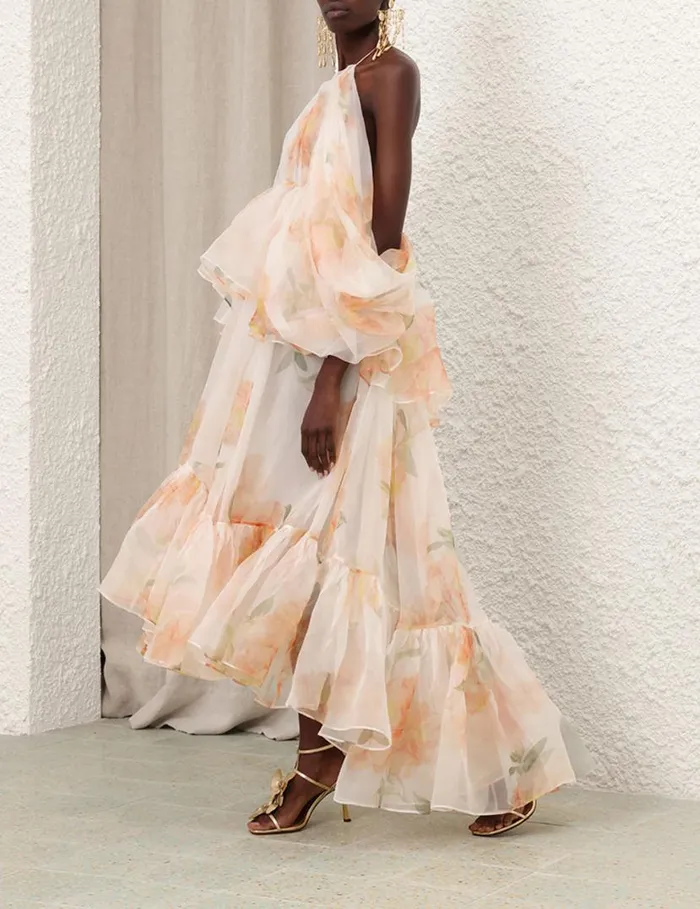 Zimmermann Clothing Natura Gathered Midi Dress Ivory Camellia 8211 Women