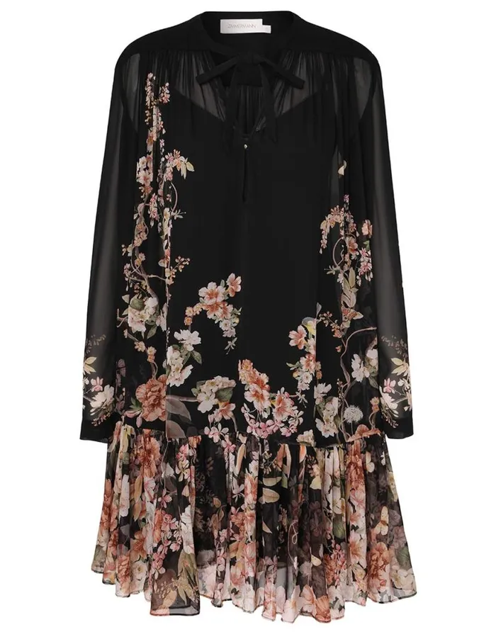 Zimmermann Clothing Natura Lantern Mini Dress Coral Garden Black 8211 Women