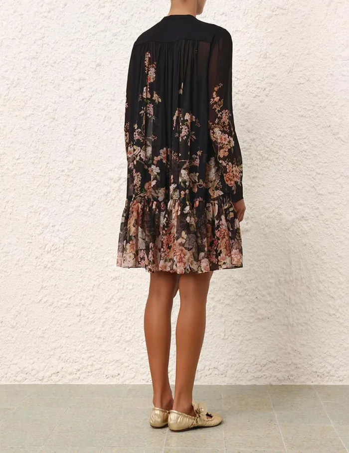 Zimmermann Clothing Natura Lantern Mini Dress Coral Garden Black 8211 Women