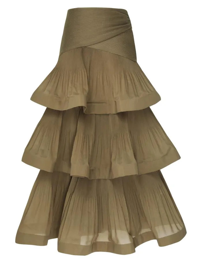 Zimmermann Clothing Pleated Tiered Skirt Olive 8211 Women