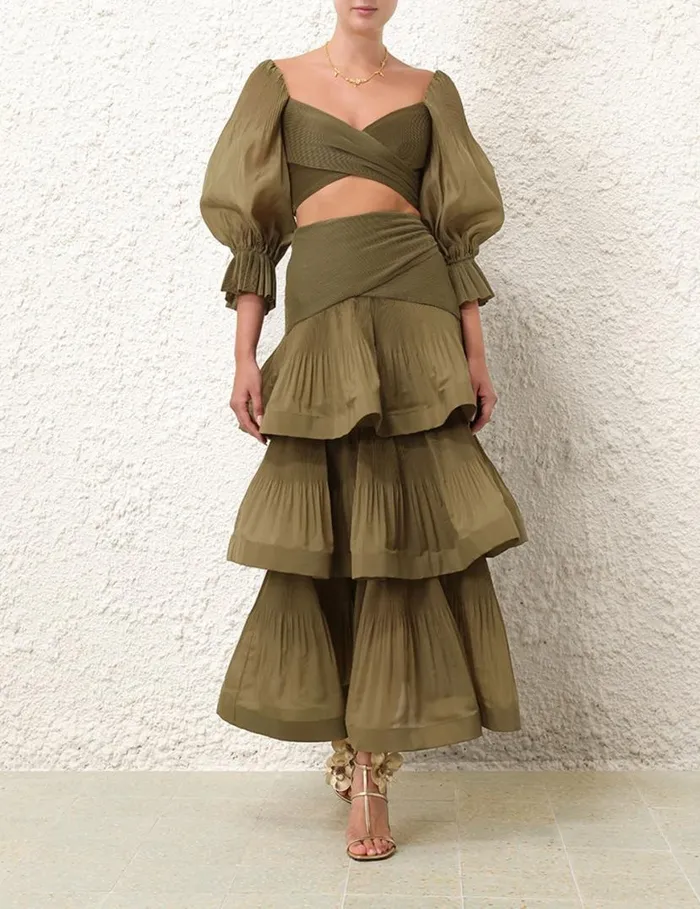 Zimmermann Clothing Pleated Tiered Skirt Olive 8211 Women