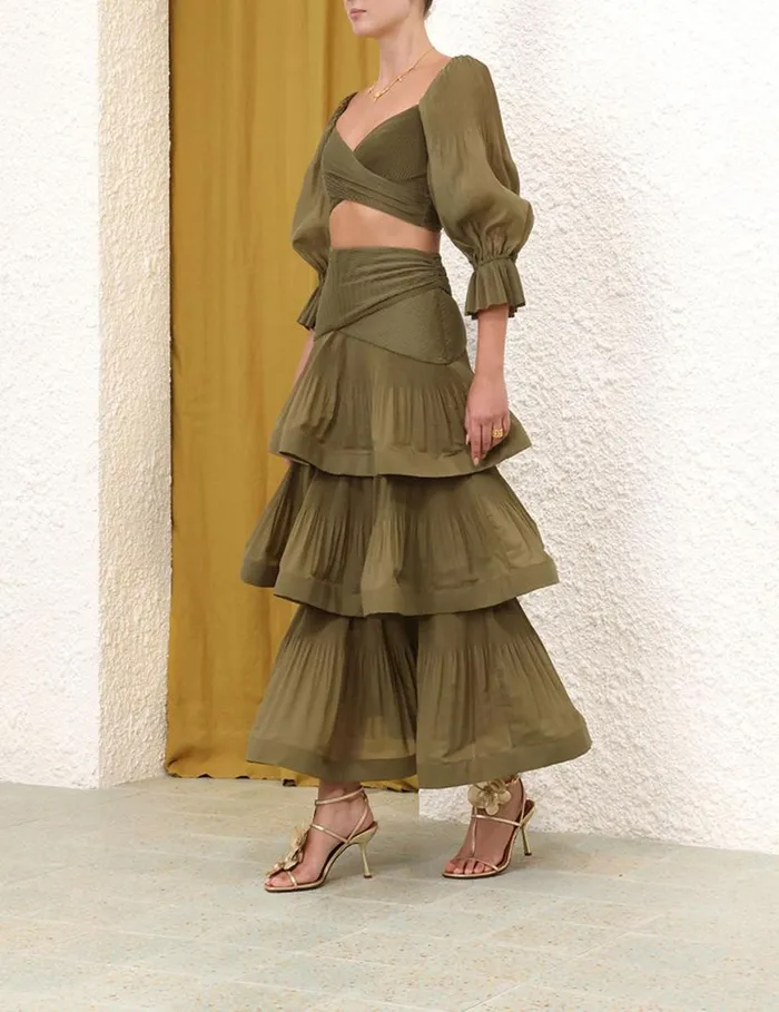 Zimmermann Clothing Pleated Tiered Skirt Olive 8211 Women