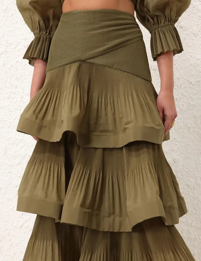 Zimmermann Clothing Pleated Tiered Skirt Olive 8211 Women