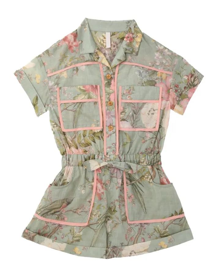 Zimmermann Clothing Waverly Pocket Detail Playsuit Sage Floral 8211 Kids