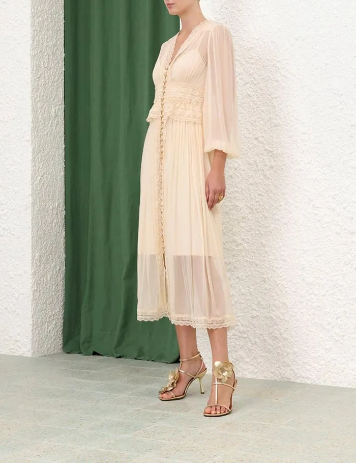 Zimmermann Dresses Natura V Neck Button Midi Buff 8211 Women