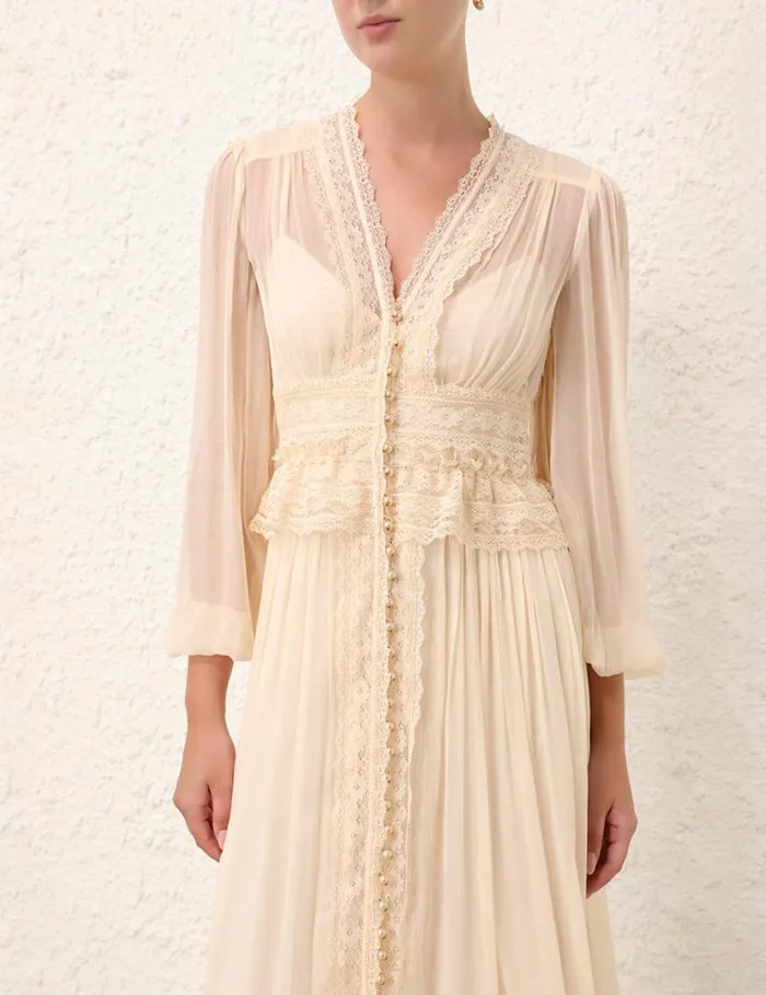 Zimmermann Dresses Natura V Neck Button Midi Buff 8211 Women