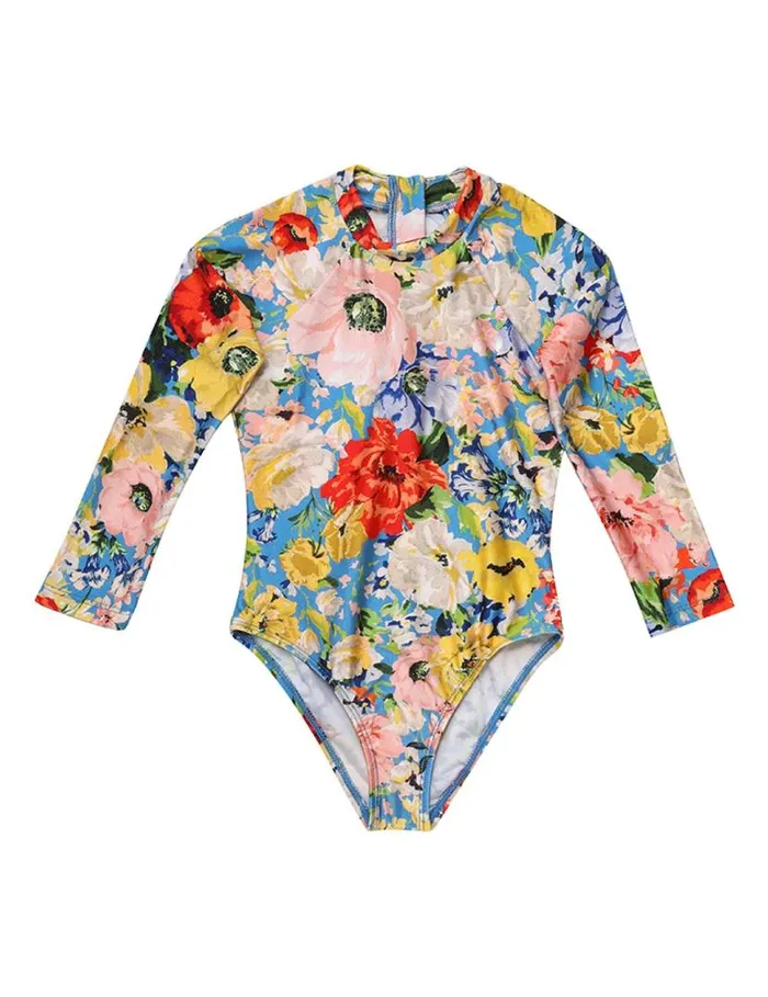 Zimmermann Swimwear Alight Long Sleeve 1PC Blue Floral 8211 Kids