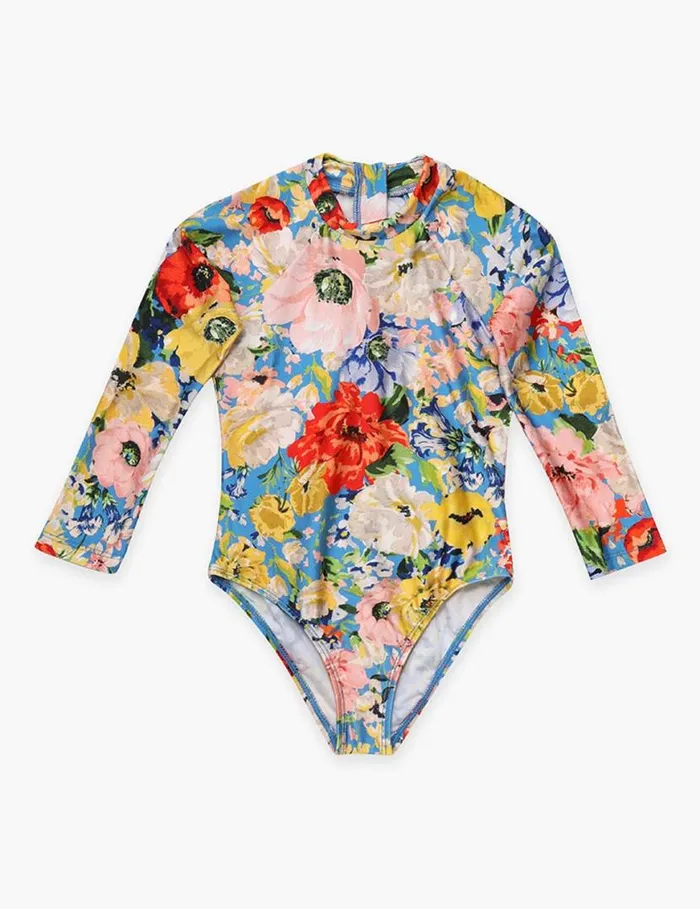 Zimmermann Swimwear Alight Long Sleeve 1PC Blue Floral 8211 Kids