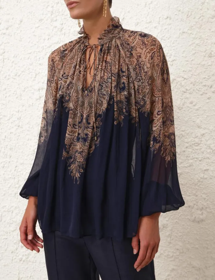 Zimmermann Tops Natura Billow Blouse Navy Paisley 8211 Women