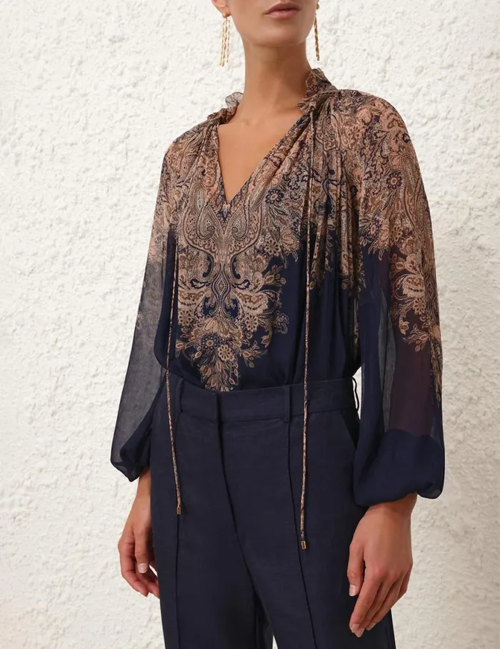 Zimmermann Tops Natura Billow Blouse Navy Paisley 8211 Women