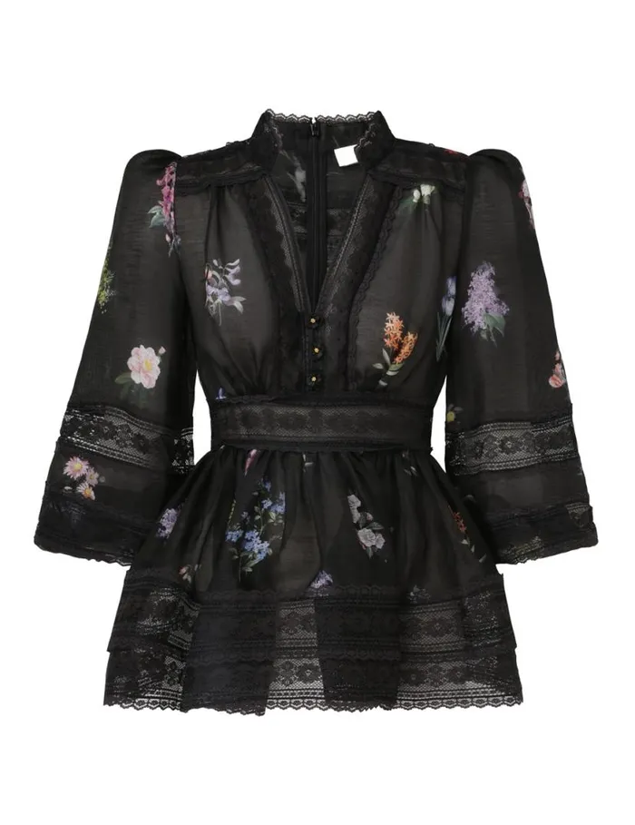 Zimmermann Tops Natura V Neck Lace Blouse Multi Botanical Black 8211 Women
