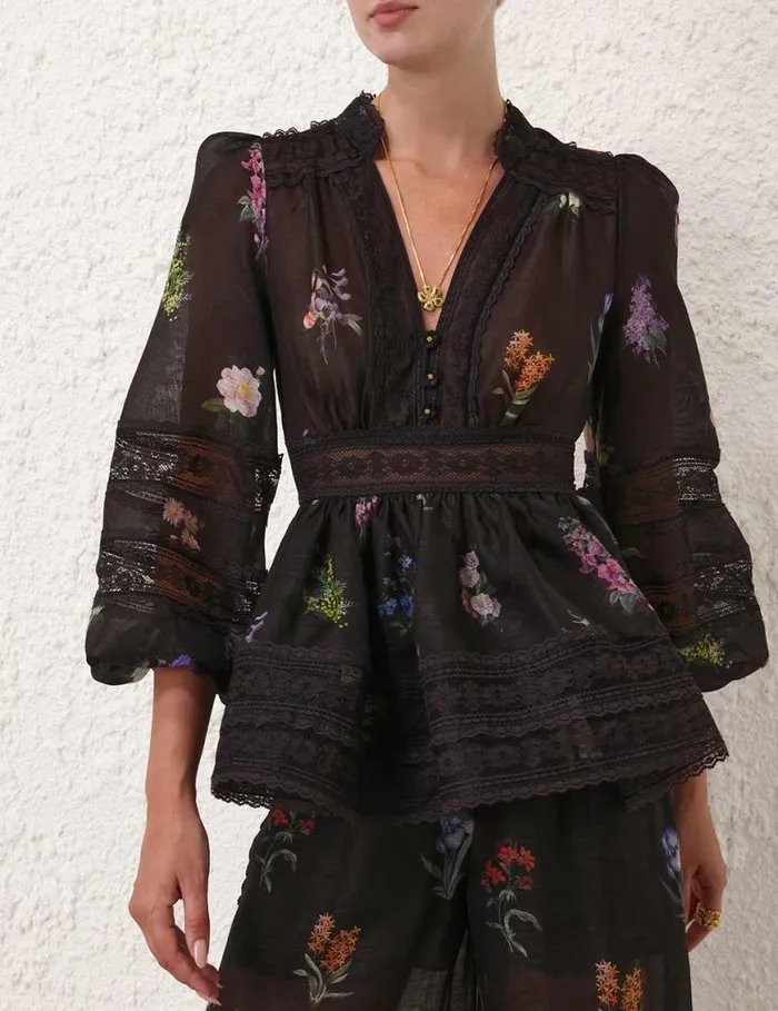 Zimmermann Tops Natura V Neck Lace Blouse Multi Botanical Black 8211 Women